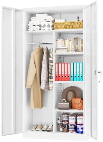Greenvelly Metal Storage Cabinet with 2 Doors, White 72” Steel Storage Wardrobe Cabinet, Employees Locker Closet Clothing Coat Steel Wardrobe Cabinet with Hanging Rod for Garage, Gym, Home Office by Greenvelly