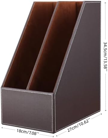 KINGFOM Wooden Leatherette Desktop File Folder Organizer and Document File Stand Journals Magazine Rack 2 Slots (brown) - Image 3