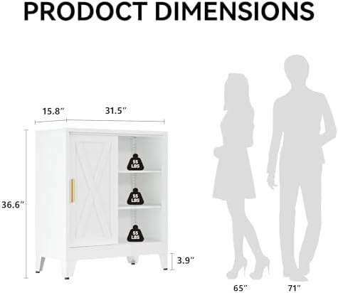 COFaR White 37" H Sliding Door Storage Cabinet, Half Open Half Closed Design, 3-Tier Kitchen Organizer with Adjustable Shelves, 150 lbs Top, Metal Coffee Bar & Buffet Sideboard for Dining Room - Image 2