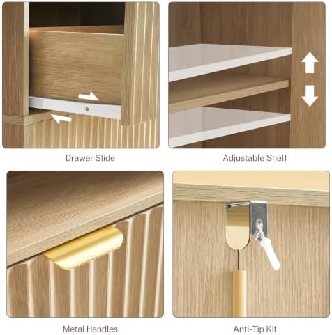 TEENFON Tall Storage Cabinet with Adjustable Shelf & Drawer, Fluted Cabinet with Doors, Kitchen Pantry Cabinets, Bathroom Storage Cabinets, for Living Room, Entryway, Home Office, Natural - Image 7