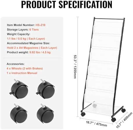 VEVOR Brochure Display Rack, 6-Tier Magazine Literature Display Stand, Floor Standing Magazine Rack Newspaper Catalog Holders, Movable with 4 Wheels (2 Lockable) for Shop Exhibitions Office, 6 Pockets - Image 7