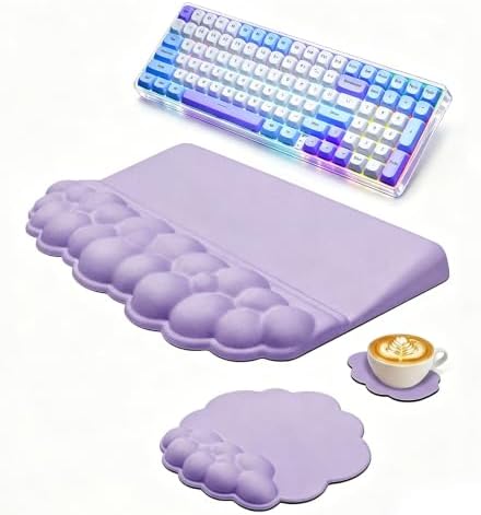 Cloud Keyboard Wrist Rest Set, 3 in 1 Ergonomic Memory Foam Keyboard Stand Pad with Mouse Wrist Support & Cup Holder, Anti-Slip Desk Cushion for Office Gaming Typing Pain Relief, Purple by Unknown