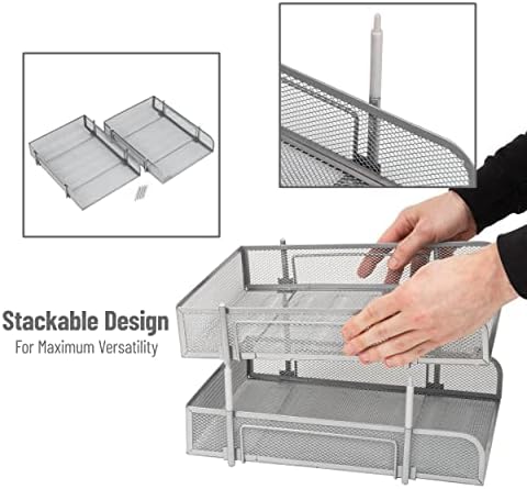 Mind Reader Stackable Paper Tray, Desktop Organizer, File Storage, Office, Metal Mesh, 2 Pc, Silver - Image 4