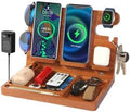 Nightstand Organizer with 4 Wireless Charger for 2 iPhone/Android Phone,Apple Watch,Airpod,Wood Phone Docking Station,27W Fast Wireless Charging Station,Wallet/Key Holder,Gift for Men Dad by JuncaiTech