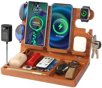 Nightstand Organizer with 4 Wireless Charger for 2 iPhone/Android Phone,Apple Watch,Airpod,Wood Phone Docking Station,27W Fast Wireless Charging Station,Wallet/Key Holder,Gift for Men Dad by JuncaiTech