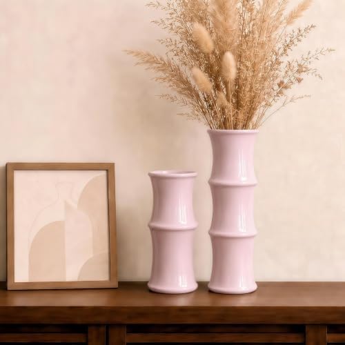 Blush Pink Ceramic Bamboo-Inspired Flower Vase Set of 2, Modern Home Décor by Unknown
