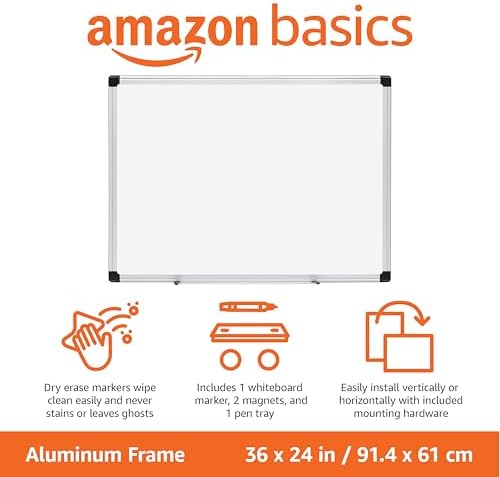 Amazon Basics Magnetic Dry Erase Whiteboard, 36"W x 24"H, Aluminum Frame, Silver/White, Easy to Install and Clean - Image 2