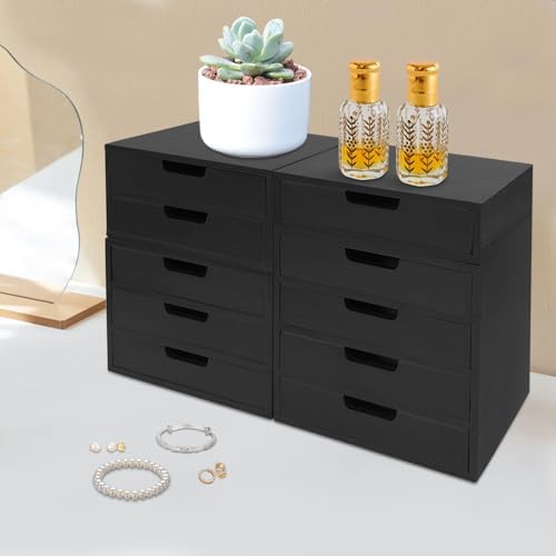 4-Piece Wooden Stackable Drawer Cabinet Set - Desktop Storage Organizer with 10 Drawers, Sturdy Design for Home/Office, No Assembly, Space-Saving, Durable (Black) - Image 4