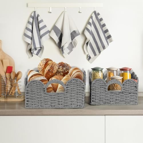 Storage Baskets for Shelves Scalloped Desk Organizer Paper Rope Bin Grey - Image 5