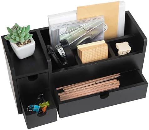 Vintage Black Wooden Desktop Organizer Removable Drawers Office Supplies Wood Storage Cabinet Caddy Box Stationery Pencil Slots Mail Holder Note Pads Accessories Home Makeup Tools Cosmetics - Image 4