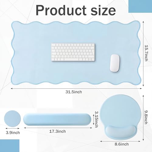 Sabary Scalloped Desk Mat Keyboard Mouse Pad Set Blue 31.5 x 15.7 Inch - Image 2