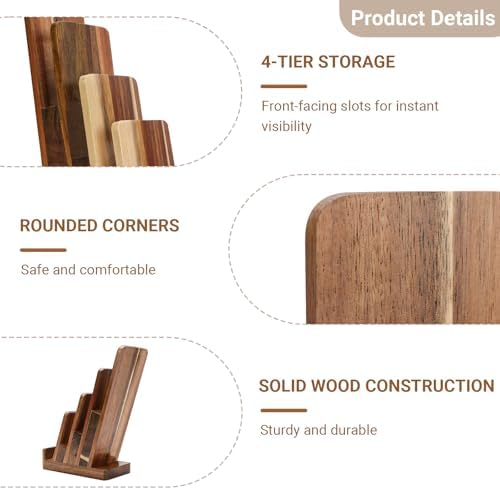 2 Pack Acacia Wood 4 Inch Wide pamphlet holder stand 4-Tier Flyer Display Stand 4×6 Inch Postcard Greeting Card Countertop Trifold Literature Holder Booklet Menu Organizer For Office Home - Image 3