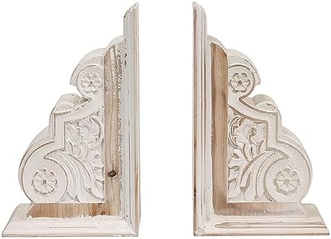 SOFE 1 Pair Rustic Handmade Distressed White Wood Bookends, Carved Pattern by SOFE