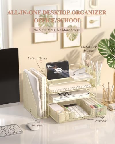 WALI Desk File Organizer, 4 Tier Desktop Paper Letter Tray Organizer with Drawer and 2 Pen Holders, Office Desk Accessories & Workspace Organizers for Office, Home, School Supplies, 1 Pack, Gold - Image 3