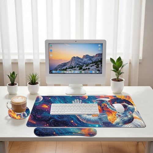 Cosmic Astronaut Desk Mat Set Colorful Galaxy Art Large Mouse Pad with Wrist Rest 4in1 Desk Mat for Desktop Ergonomic Keyboard Wrist Support Anti-Slip Computer Ergonomic Mouse Pad Home Office Gaming - Image 6