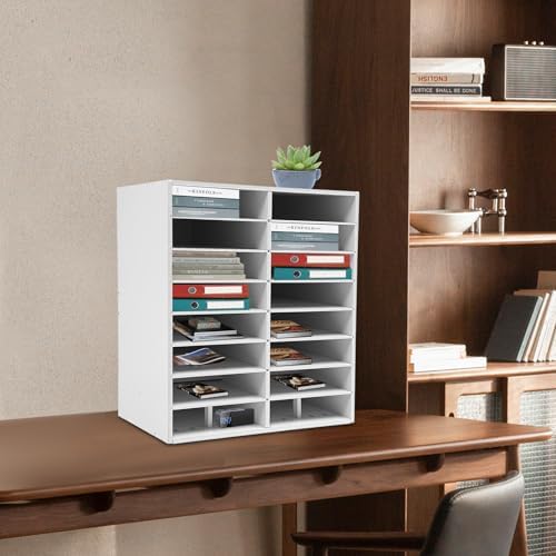 16 Slot Mail Sorter Organizer, Wood Literature Organizer Student Mailbox for Classroom, Desktop File Paper Storage Rack for Office Home School - 20" L×11.8”W×22.3“H (White, 16-Compartment) - Image 4