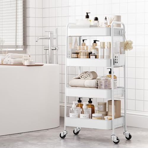 TOOLF 4 Tier Rolling Cart, Metal Utility Storage Cart with Pegboard, White - Image 4