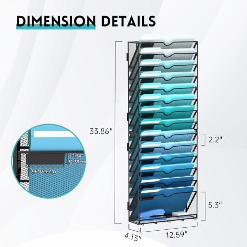 15 Tier Wall File Organizer - Hanging File Organizer with 5 Hooks, Mail Holder Wall Mounted for Papers, Folders, Magazines, Bills, Office&School Organization, Black - Image 2