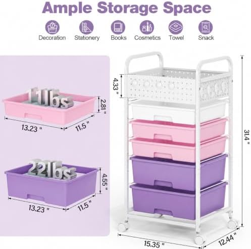 5 Drawer Rolling Storage Cart with Pegboard Top and Hooks, Dreamy Color - Image 2