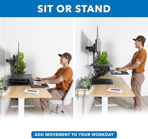 Mount-It! Standing Desk Converter, Stand Up Desk Riser with Dual Monitor Mount, Adjustable Workstation in Black, Top Platform 23" Wide, Keyboard Mouse Tray 27" Wide, Raises 5" to 17" Tall - Image 5
