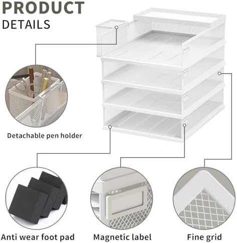FANXIYQ Stackable Letter Trays, 4 Tier Metal Paper Tray & Desk Organizer, Stackable File Trays for Office & Home, Multi-Functional Document Tray with Fine Grid Design & Magnetic Labels,White - Image 5