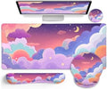 LIMKRIAN Purple Mouse Pad Large Desk Mat Set, Kawaii Clouds Ergonomic Mouse Pad with Wrist Rest Keyboard Wrist Support XXL Mousepad Cup Coaster Set, Cute Purple Office Desk Accessories Decor Supplies by LIMKRIAN