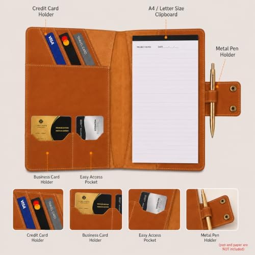 Personalized Leather Portfolio Organizer for Men Women Professional Padfolio A5 Binder Resume Document Holder Refillable Writing Journal Binder for Business Meetings Travel (Tan) - Image 2