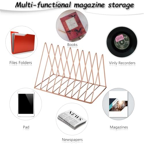Shimeyao 6 Pieces Magazine Holder Triangle File Holder Book Record Metal Vinyl Record Storage Magazine Rack Multifunction Triangle File Organizer Sorter for Decor Home Office (Rose Gold) - Image 5
