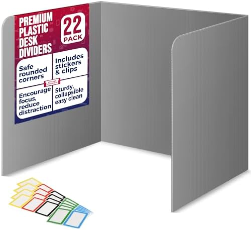 22-Pack Desk Dividers for Students - Waterproof & Durable Plastic Privacy Shield Divider, Classroom Folders Teacher Supplies, Easy-to-Clean Plastic Study Carrel Folder Boards for Student Desks, Grey by Storage+Standard