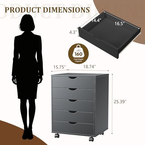 5 Drawer Mobile File Cabinet, Under Desk Storage Cabinet with Wheels - Image 3