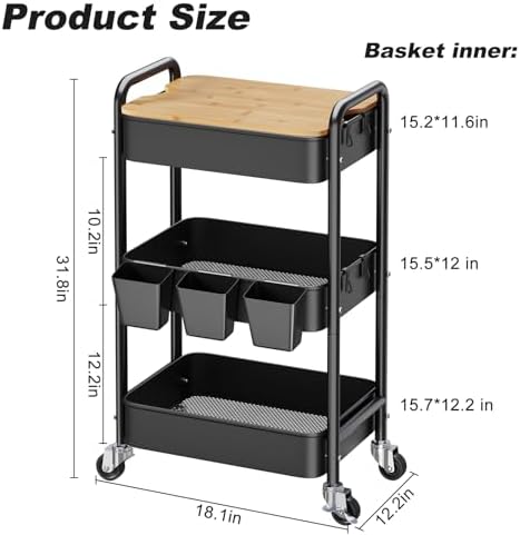 3 Tier Storage Rolling Cart with Wood Table Top on Lockable Wheels（Black） - Image 2
