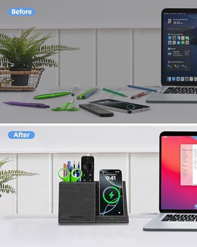 Pen Holder with Wireless Charger, Pencil Holder for Desk, Multi-Functional Desktop Organizer, Desk Organizers and Accessories for Home School Office Supplies, PU Leather Black - Image 5