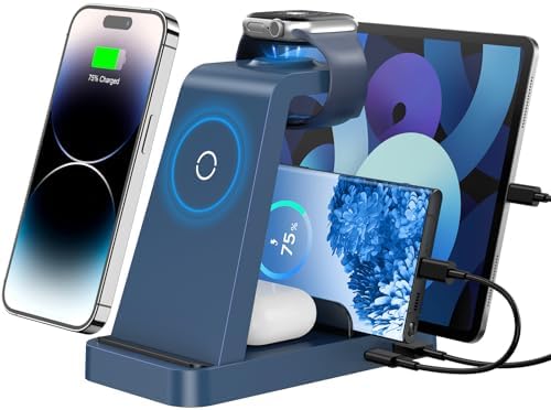 Wireless Charger for iPhone - 5 in 1 Charging Station for Multiple Devices Apple: Fast Wireless Charging Stand Dock for iPhone 17 16e 16 15 14 13 12 Pro Max Apple Watch Airpods(Blue) by GAUOLN