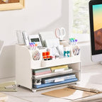 HBlife Desk Organizer with Pencil Pen Holder for Desk, Pen Organizer with 2 Drawers, Desk Organizers and Accessories with Compartments, Desktop Storage for Office, Home, School, Art Supplies, White - Image 5