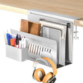 Litwaro Desk Side Storage Organizer, 2 Tier Under Desk Laptop Holder No Drill, Laptop Mount with Magnetic Pen Holder, Hanging Desk Organizer Fits Flat Edge Desks 0.4" to 2.1" (White) by Litwaro