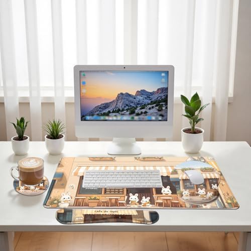 Kawaii Bunny Desk Mat Set Cozy Cartoon Bunny Cafe Mouse Pad with Wrist Rest 4in1 Desk Mat for Desktop Ergonomic Keyboard Wrist Support Anti-Slip Computer Ergonomic Mouse Pad Home Office Gaming - Image 6