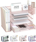 WALI Desk File Organizer, 5 Tier Desktop Paper Letter Tray Organizer with Drawer and 2 Pen Holders, Office Desk Accessories & Workspace Organizers for Office, Home Supplies(DO006DH-P), 1 Pack, Pink by WALI