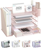 WALI Desk File Organizer, 5 Tier Desktop Paper Letter Tray Organizer with Drawer and 2 Pen Holders, Office Desk Accessories & Workspace Organizers for Office, Home Supplies(DO006DH-P), 1 Pack, Pink by WALI