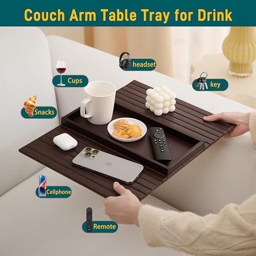 Bamboo Couch Arm Tray Table，Foldable Sofa Armrest Tray Table for Couch，Flexible and Anti-Slip Couch Arm Cup Holder，Portable Sofa Arm Chair Table for Drink,Cups, Eats，Snacks, Phone, Remote - Image 5