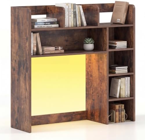 LDAILY Desktop Bookshelf with LED Lights, 35.5’’ Wooden Desk Shelf with 8 Cubes & 3 Adjustable Storage Shelves, 5-Tier Desk Hutch for Dorm College Office Computer Monitor Up to 25’’(Rustic Brown) by LDAILY