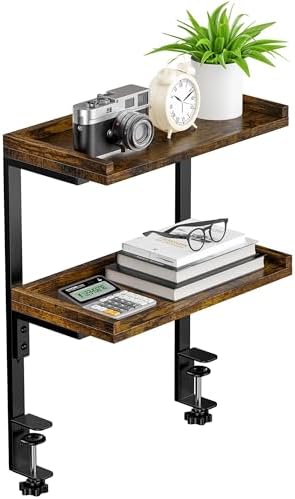 Clamp On Desk Shelf 2-Tier, 12.6 inche Wood Shelving Unit for Office Desk/Gaming Accessories, Tabletop Book Storage Rack, Shelf for Top & Under of Desk, Brown by ART-GIFTREE