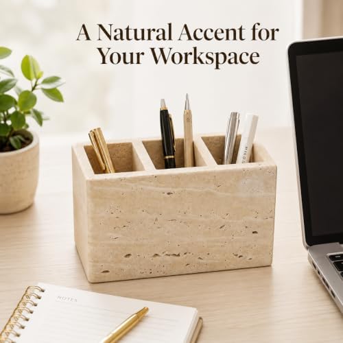 Travertine Desk Organizer, 3 Compartment Pencil Holder - Image 6