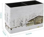 PU Leather Multi-Compartment Pen Holder Desktop Organizer Pencil Cup Storage Caddy for Office Home Supplies Winter Snow Covered The Forest, Wooden Houses in The Woods - Image 2