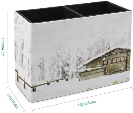 PU Leather Multi-Compartment Pen Holder Desktop Organizer Pencil Cup Storage Caddy for Office Home Supplies Winter Snow Covered The Forest, Wooden Houses in The Woods - Image 2