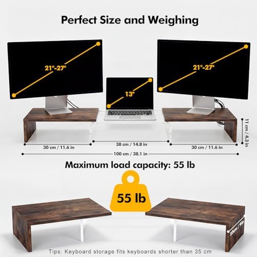 Dual Monitor Riser, Acrylic Monitor Riser with Keyboard Storage, Adjustable Angle & Length Computer Monitor Stand, Wide Desk Shelf for Top of Desk for Home Office_Wood Look - Image 3
