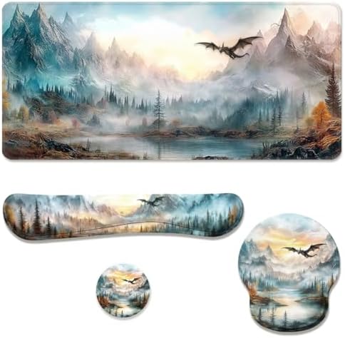 Dragon Desk Mat Set Fantasy Mountain Landscape Fire Sky Large Mouse Pad with Wrist Rest 4in1 Desk Mat for Desktop Ergonomic Computer Desk Arm Wrist Anti-Slip Computer Mouse Pad Home Office Gaming by Unknown