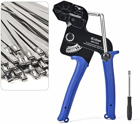 IWISS WCT322 Stainless Steel Cable Tie Gun Kit for Fastening and Cutting up to 12mm Width Metal Zip Ties, c/w 100 Pieces Stainless Steel Cable Zip Ties, Zip Tie Gun by iCrimp