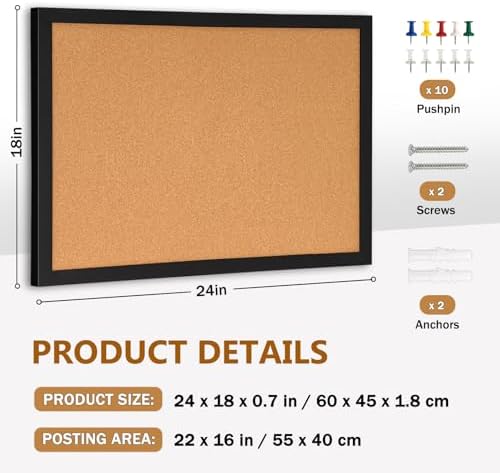 DOLLAR BOSS Cork Board for Wall 24"x18", Black Wood Framed Bulletin Board - Image 4