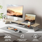 Fenge Dual Monitor Stand, Wooden Desk Shelf with Headphone & Phone Holder - Image 6