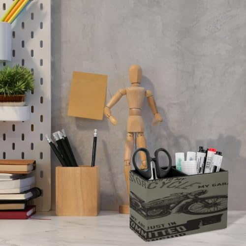 PU Leather Multi-Compartment Pen Holder Desktop Organizer Pencil Cup Storage Caddy for Office Home Supplies Hand Drawn Vector Motorcycle Quote - Image 6
